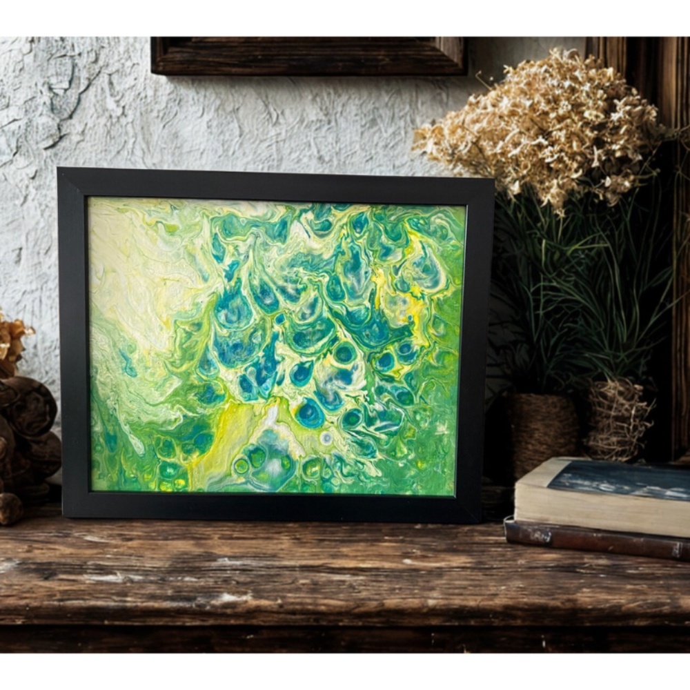 Original Abstract Acrylic Pour Painting | Green & Blue Art | Framed 8x10 Panel